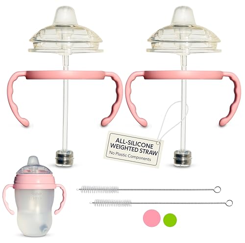 BelBeyo Sippy Cup Conversion Kit for Comotomo Baby Bottles 2-Count, Soft Food Grade Silicone Spout Nipples, All Silicone Weighted Straw, Bottle Handles, Cleaning Brush, BPA-Free, 4+ months (Sippy Spout, Pink) - Image 1