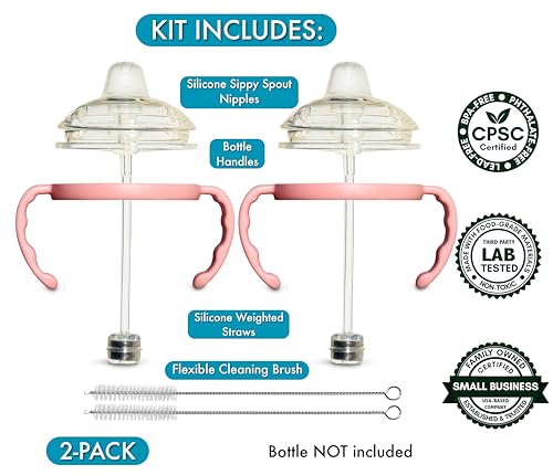 BelBeyo Sippy Cup Conversion Kit for Comotomo Baby Bottles 2-Count, Soft Food Grade Silicone Spout Nipples, All Silicone Weighted Straw, Bottle Handles, Cleaning Brush, BPA-Free, 4+ months (Sippy Spout, Pink) - Image 2