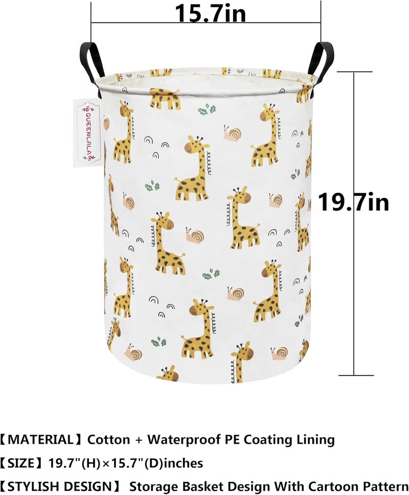QUEENLALA Round Waterproof laundry basket, Laundry Hamper for Nursery, Kids Toy Box Storage for Girls Boys, Diaper or plush toy gift basket, Foldable Fabric Basket(Round-Yellow Giraffe) - Image 2