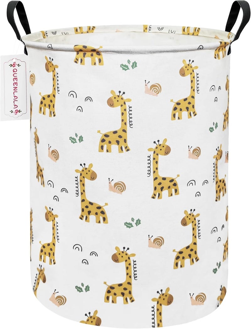 QUEENLALA Round Waterproof laundry basket, Laundry Hamper for Nursery, Kids Toy Box Storage for Girls Boys, Diaper or plush toy gift basket, Foldable Fabric Basket(Round-Yellow Giraffe) - Image 1