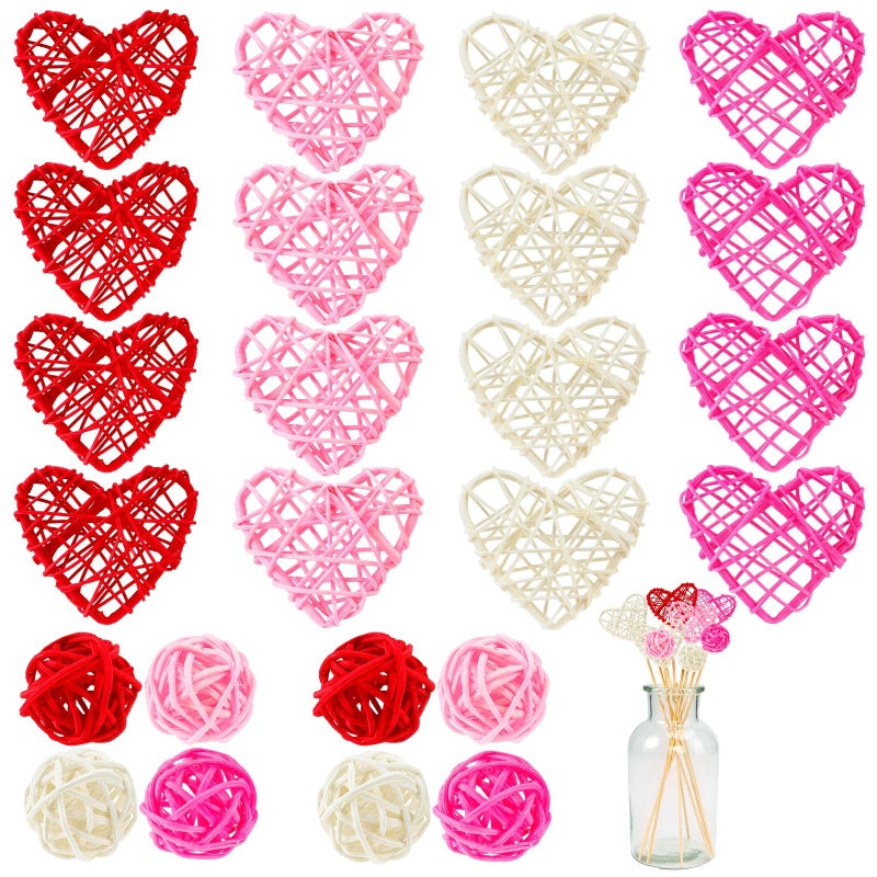 JOLYEAK 24 PCS Wicker Rattan Balls Heart Shaped and Round Ornaments for Valentine's Day, Baby Shower Party Wedding Decorations - Image 1