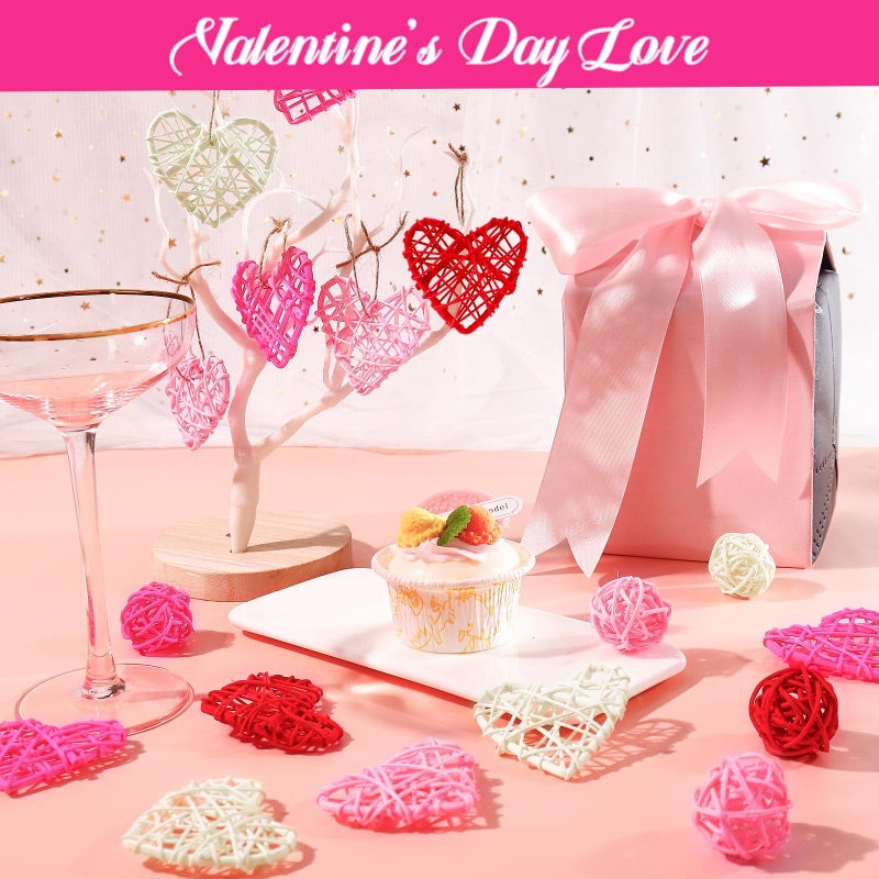 JOLYEAK 24 PCS Wicker Rattan Balls Heart Shaped and Round Ornaments for Valentine's Day, Baby Shower Party Wedding Decorations - Image 3