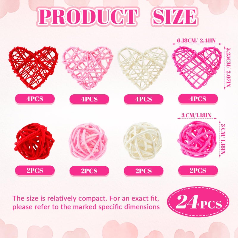 JOLYEAK 24 PCS Wicker Rattan Balls Heart Shaped and Round Ornaments for Valentine's Day, Baby Shower Party Wedding Decorations - Image 2