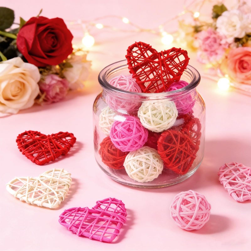 JOLYEAK 24 PCS Wicker Rattan Balls Heart Shaped and Round Ornaments for Valentine's Day, Baby Shower Party Wedding Decorations - Image 5
