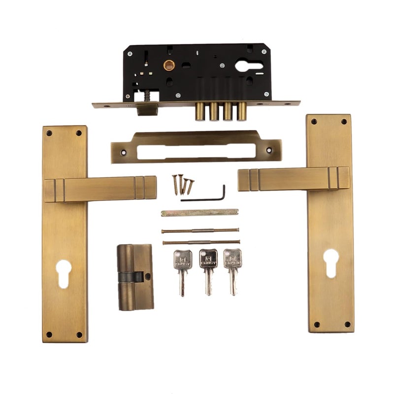 BlueSpace BLUE SPACE Premium 10 inch Cylinderical Mortise Door Lock Handle SetMortise Lock with Brass Lock Body and Both Side Key 60mm Cylinder Set with 3 KeysFinishMatt Antique Brass ModelSpacio  - Image 4