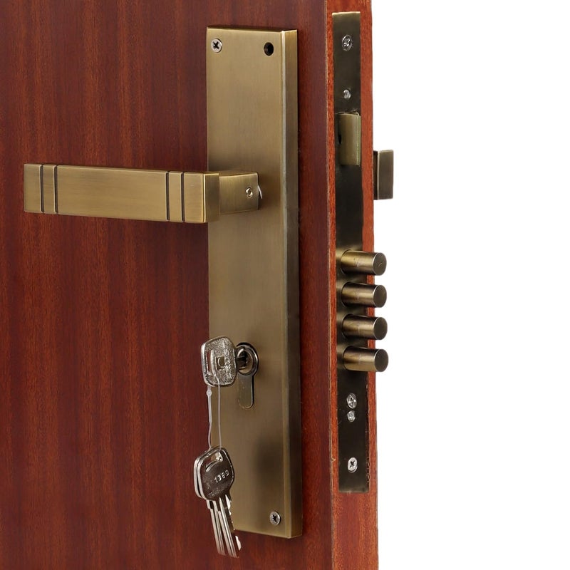 BlueSpace BLUE SPACE Premium 10 inch Cylinderical Mortise Door Lock Handle SetMortise Lock with Brass Lock Body and Both Side Key 60mm Cylinder Set with 3 KeysFinishMatt Antique Brass ModelSpacio  - Image 3