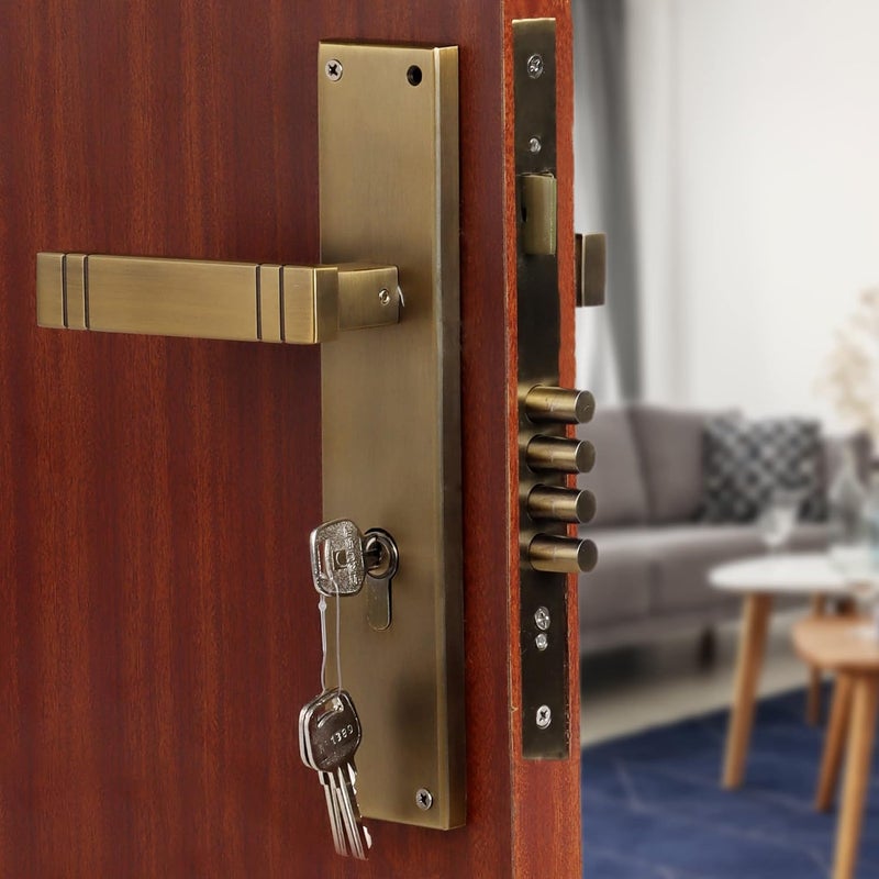 BlueSpace BLUE SPACE Premium 10 inch Cylinderical Mortise Door Lock Handle SetMortise Lock with Brass Lock Body and Both Side Key 60mm Cylinder Set with 3 KeysFinishMatt Antique Brass ModelSpacio  - Image 1
