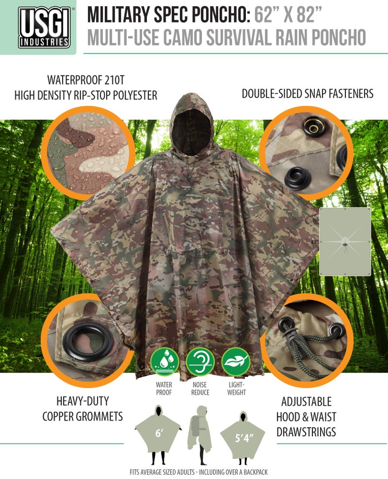 USGI Industries Military Style Poncho | Lightweight Tactical Multi Use Rip Stop Camouflage Rain Poncho | Perfect for Hiking, Hunting, Emergency Tent, Survival (OCP) - Image 4
