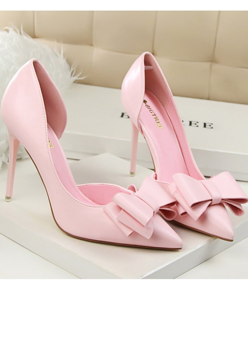 BIGTREE Women's Side Hollow Stiletto Pumps With Bow Knot 10.5 CM Elegant Gorgeous Closed Pointed Toe Slip On Solid High Heels Pink  - Image 2