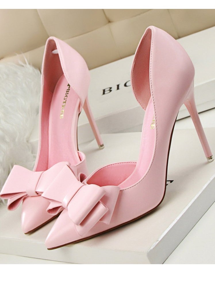 BIGTREE Women's Side Hollow Stiletto Pumps With Bow Knot 10.5 CM Elegant Gorgeous Closed Pointed Toe Slip On Solid High Heels Pink  - Image 1