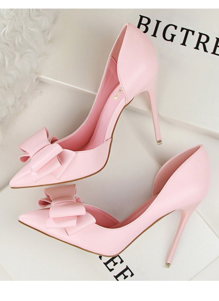BIGTREE Women's Side Hollow Stiletto Pumps With Bow Knot 10.5 CM Elegant Gorgeous Closed Pointed Toe Slip On Solid High Heels Pink  - Image 3