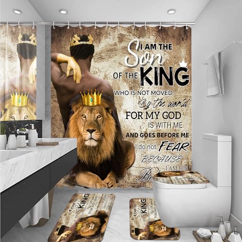 Omebero 4Pcs Lion King Shower Curtain Set, Mother's Day Inspirational Black Man Bathroom Decor Shower Curtains and Rugs Toilet Lid Cover Bath Mat, Waterproof Africa American Shower Curtain for Man - Image 2