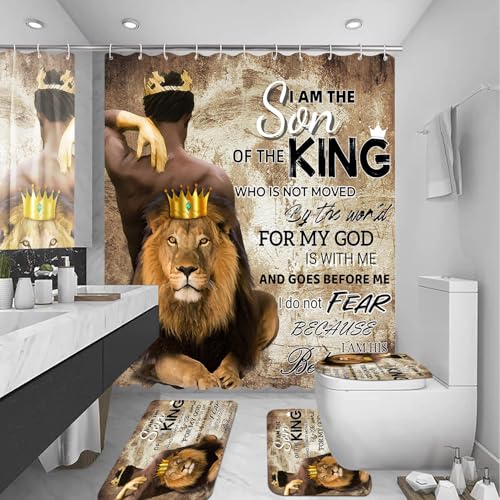 Omebero 4Pcs Lion King Shower Curtain Set, Mother's Day Inspirational Black Man Bathroom Decor Shower Curtains and Rugs Toilet Lid Cover Bath Mat, Waterproof Africa American Shower Curtain for Man - Image 1