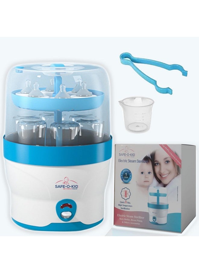 Safe-O-Kid Safe-O-Kid® 6 Bottles Advanced Sterilizer with 1 Year Manufacturer Warranty, Large Capacity, Steam Sterilizer for Feeding Bottles, Assessories, Breast Pumps, Teats, BPA free products, Auto Shut with Advanced Uniform Heat Distribution technology to eliminate 99.9999 (maximum possible) Germs (Bacteria,Viruses etc) - Blue  - Image 1