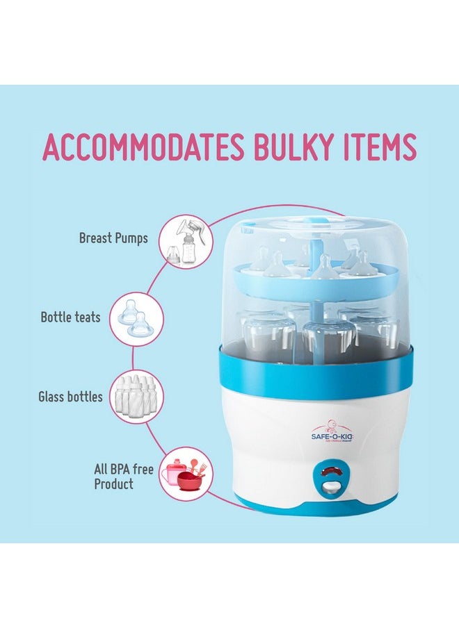 Safe-O-Kid Safe-O-Kid® 6 Bottles Advanced Sterilizer with 1 Year Manufacturer Warranty, Large Capacity, Steam Sterilizer for Feeding Bottles, Assessories, Breast Pumps, Teats, BPA free products, Auto Shut with Advanced Uniform Heat Distribution technology to eliminate 99.9999 (maximum possible) Germs (Bacteria,Viruses etc) - Blue  - Image 2