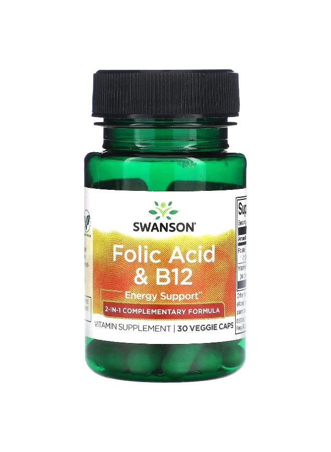 SWANSON سوانسون، حمض الفوليك و ب12، 30 كبسولة نباتية - Image 1
