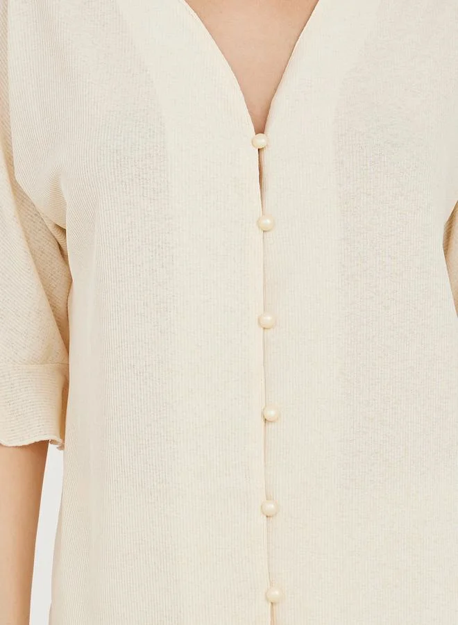 Styli Ribbed Ruffle Hem Sleeves Shirt and Pyjama Set