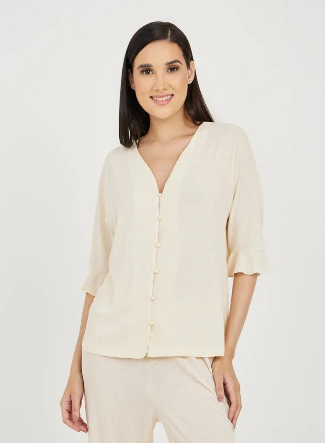 Styli Ribbed Ruffle Hem Sleeves Shirt and Pyjama Set