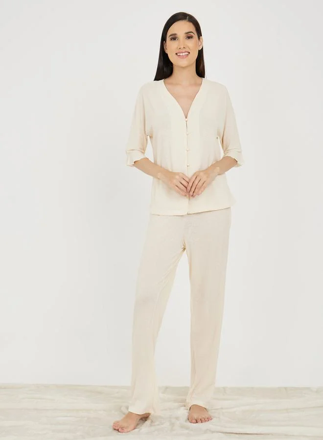 Styli Ribbed Ruffle Hem Sleeves Shirt and Pyjama Set