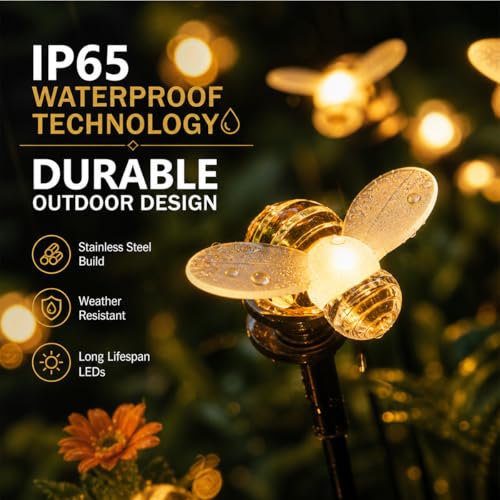 hardoll Solar Lights Outdoor 24 LED Honey Bee Lamp for Home Garden Waterproof Decoration (Warm White-Set of 4x1, Multiple Modes) - Image 3