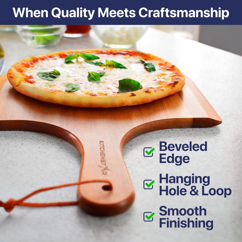 kitchen-star Wooden Pizza Peel 16 Inch - Acacia Wood Pizza Board for Pizza Making, Sliding, Cutting & Serving - Food Oil Processed Paddle Spatula w Handle & Hanging Loop - Pizza Oven Accessories by KitchenStar - Image 3