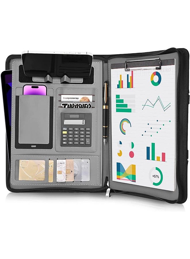 MVAQKLM  Black Superior Leather Business Portfolio with Zipper –Business Conference Organizer Notepad Folder， Tablet Sleeve, Presentation Slot, Calculator, Card Storage, Writing Pad  - Image 1