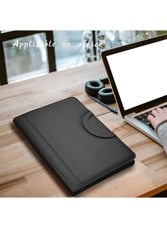 MVAQKLM  Black Superior Leather Business Portfolio with Zipper –Business Conference Organizer Notepad Folder， Tablet Sleeve, Presentation Slot, Calculator, Card Storage, Writing Pad  - Image 2