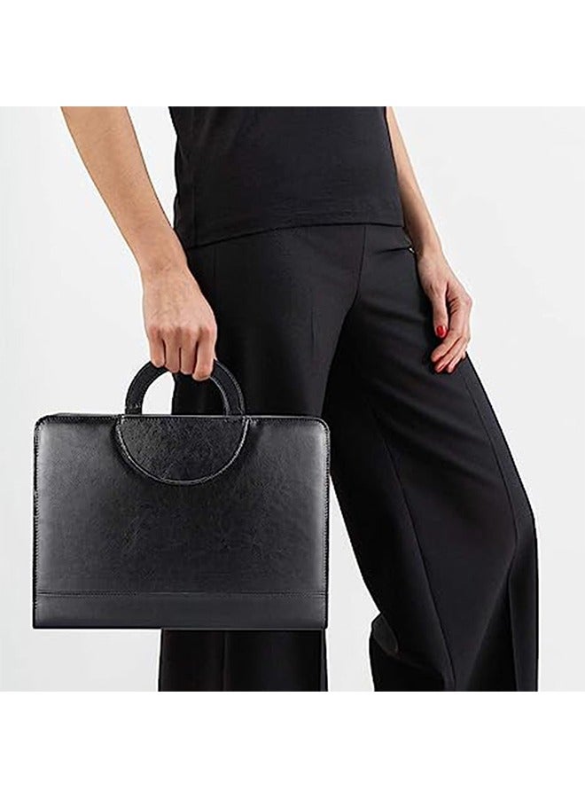MVAQKLM  Black Superior Leather Business Portfolio with Zipper –Business Conference Organizer Notepad Folder， Tablet Sleeve, Presentation Slot, Calculator, Card Storage, Writing Pad  - Image 3