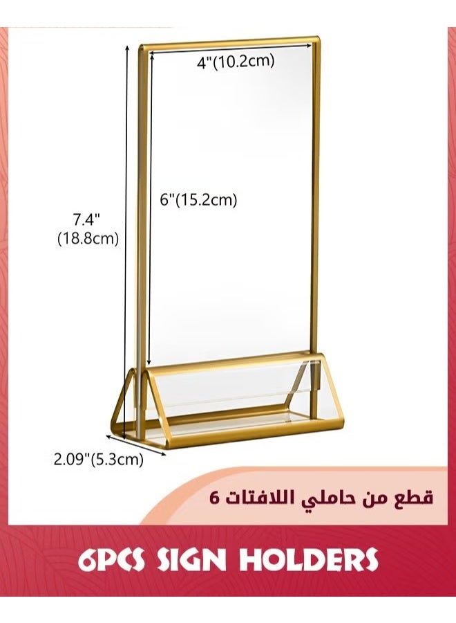 EETU 6 Pack Acrylic Sign Holders,10.2x15.2 cm (4x6 inch) Golden Clear Picture Frames Vertical Stand,Double Sided Menu Holder Display For Wedding Table Number,Restaurant Recipe,Photo - Image 2