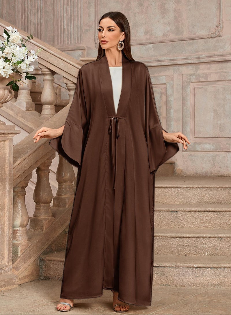 Saraia عباءة ساتان بني أنيقة مع حزام خصر - Image 3