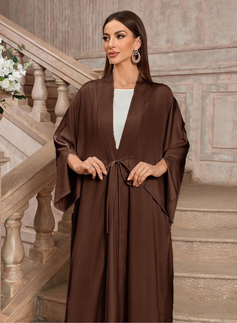Saraia عباءة ساتان بني أنيقة مع حزام خصر - Image 1
