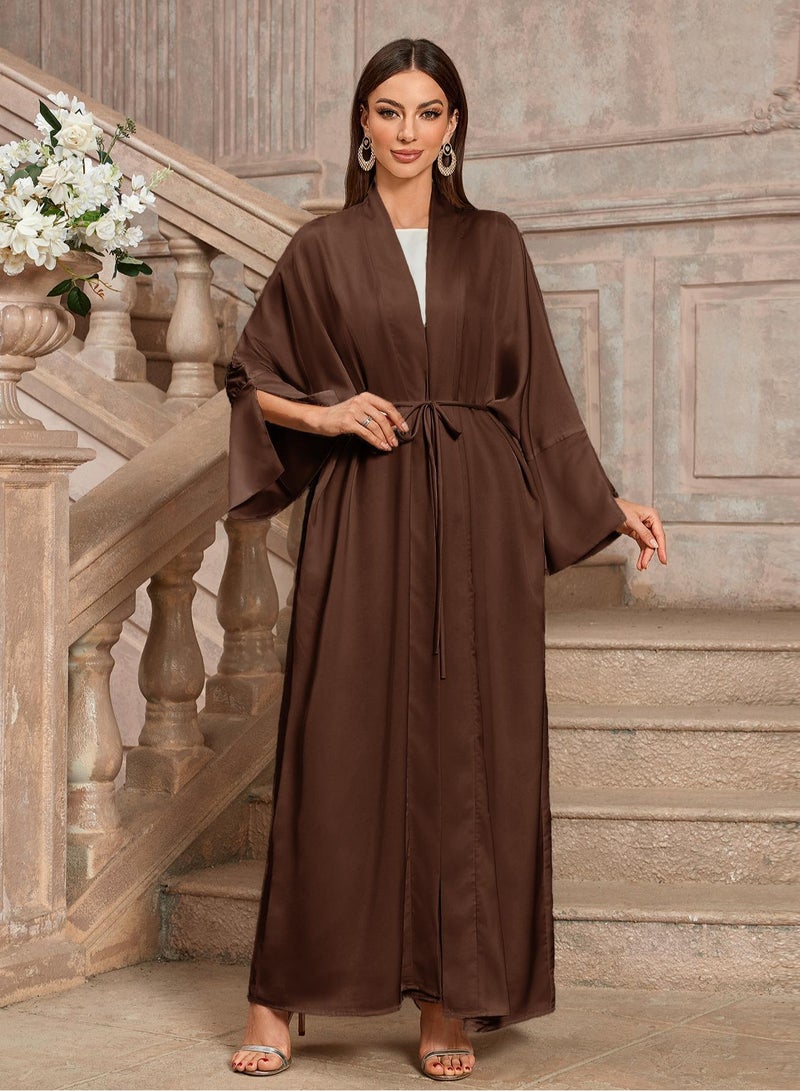 Saraia عباءة ساتان بني أنيقة مع حزام خصر - Image 4