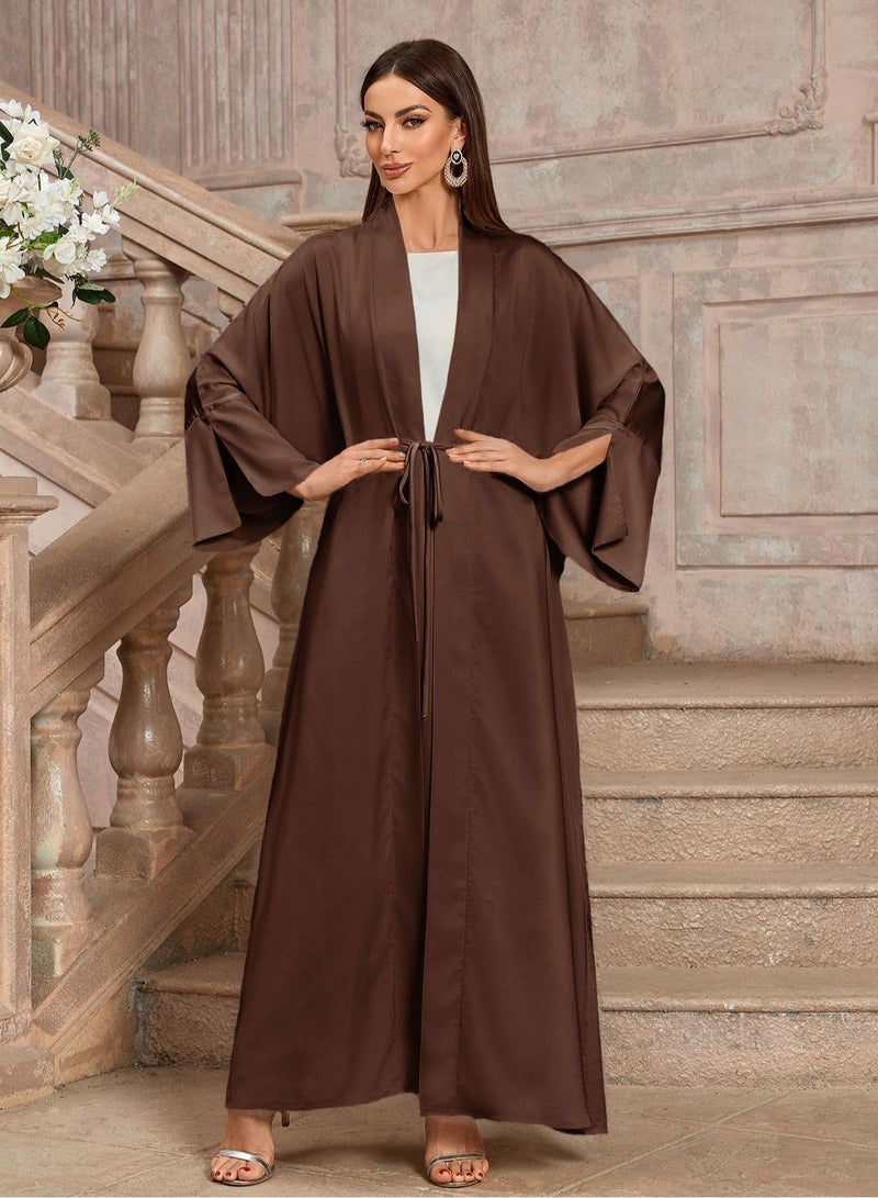 Saraia عباءة ساتان بني أنيقة مع حزام خصر - Image 5