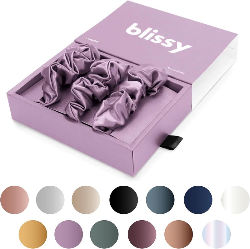 BLISSY Silk Scrunchies (3 Pack) - 100% Pure Mulberry Silk - 22 Momme 6A High-Grade Fibers - Silk Scrunchie for Straight & Curly Hair - Preventing Breakage, Tangling, & Creasing (Lavender Regular) - Image 1