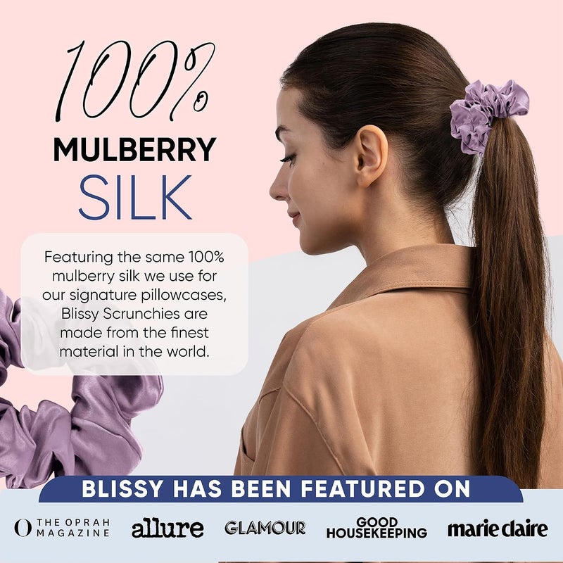 BLISSY Silk Scrunchies (3 Pack) - 100% Pure Mulberry Silk - 22 Momme 6A High-Grade Fibers - Silk Scrunchie for Straight & Curly Hair - Preventing Breakage, Tangling, & Creasing (Lavender Regular) - Image 5