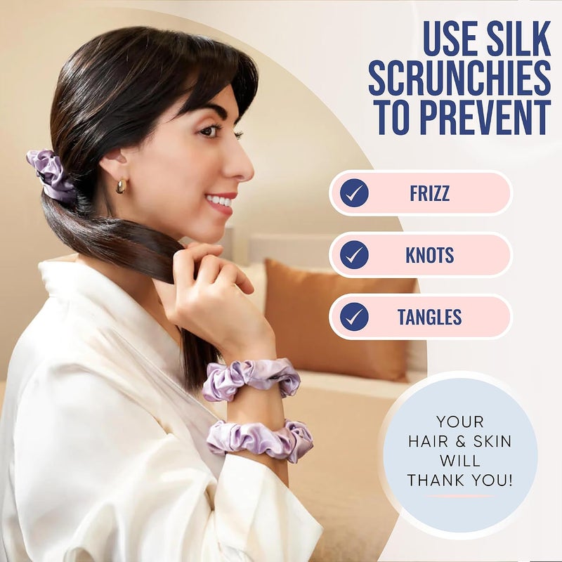 BLISSY Silk Scrunchies (3 Pack) - 100% Pure Mulberry Silk - 22 Momme 6A High-Grade Fibers - Silk Scrunchie for Straight & Curly Hair - Preventing Breakage, Tangling, & Creasing (Lavender Regular) - Image 4