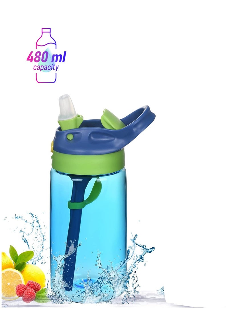 SYOSI Kids Sippy Cup, Kids Drink Bottle with Straw, Toddler Water Bottle, Leak-Proof, BPA-Free for Home, School, Outdoor, Blue, 480ML - Image 1