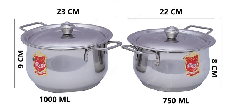 Nirvika Stainless Steel Handi Set 2 Pcs Kitchen Serving Cooking Bowl Handi with Lid - Cookware Set 750ML, 1000ML. - Image 5