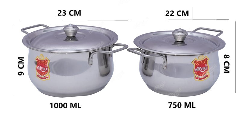 Nirvika Stainless Steel Handi Set 2 Pcs Kitchen Serving Cooking Bowl Handi with Lid - Cookware Set 750ML, 1000ML. - Image 2