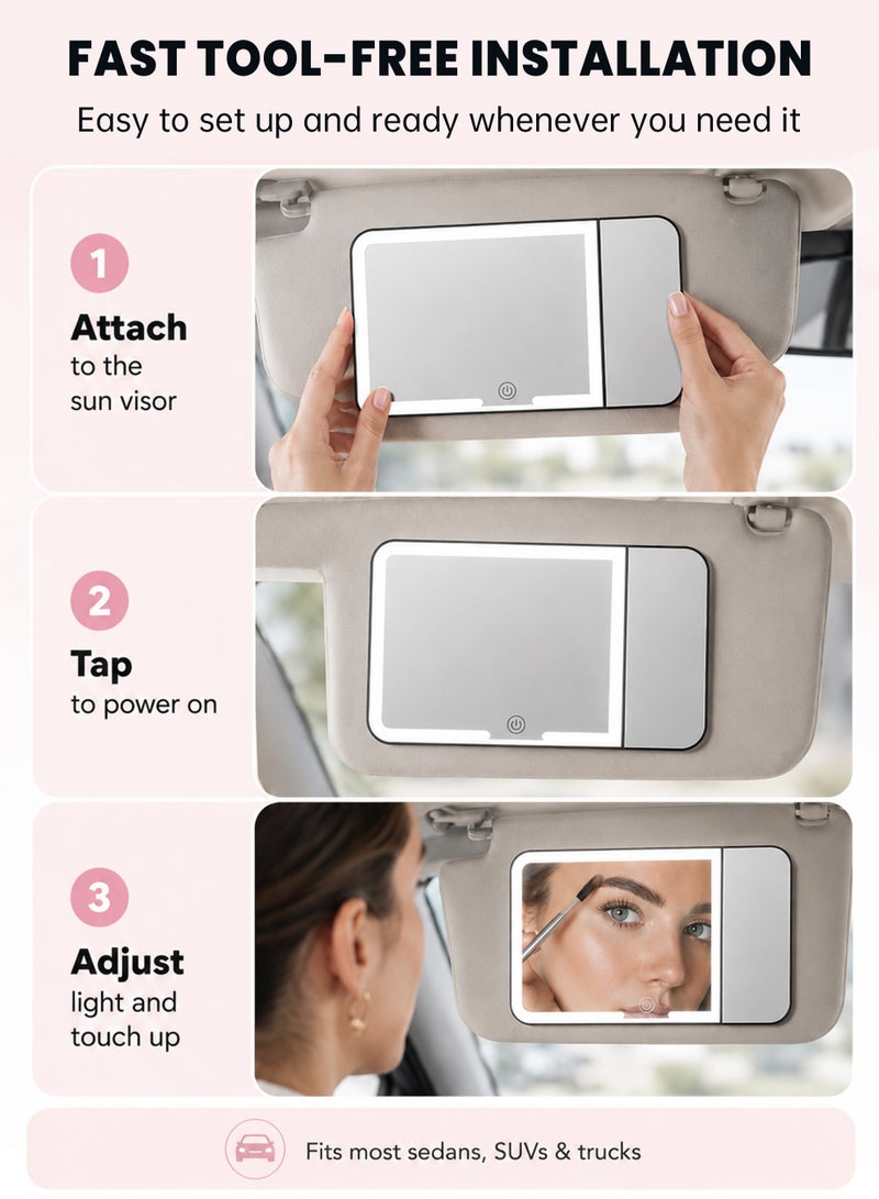 LED Car Vanity Mirror, 3X Visor Mirror with 3 Light Modes, Rechargeable Dimmable Touch Control, Universal Fit for Most Cars, Black - Image 4