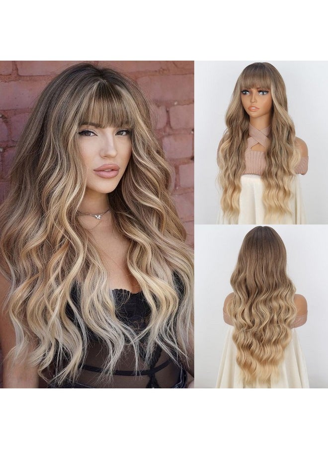 MERISIHAIR Long Blonde Wig With Bangs,Dirty Blonde Wavy Wigs For Woman,26 Inch Synthetic Heat Resistant Fiber Wig For Daily Party Holiday Festival Chrismas Travel Used  - Image 1