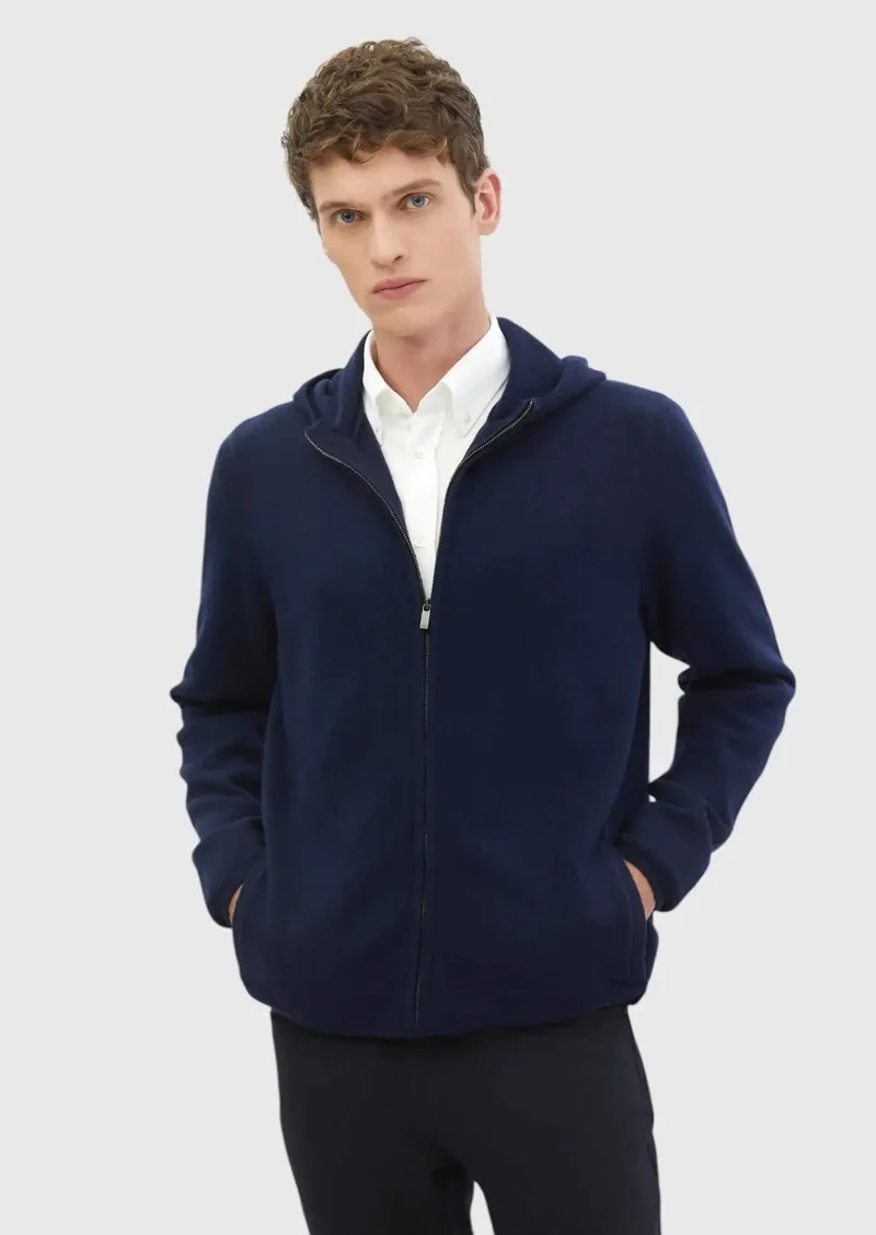 RAMSEY Navy Blue Hooded Plain Knitting 100% Wool Cardigan