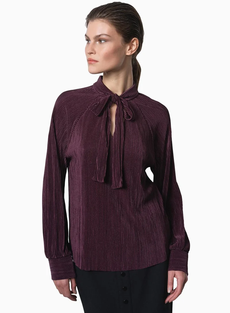 French Connection Rylah Plisse Long Sleeve Tie Neck Shirt
