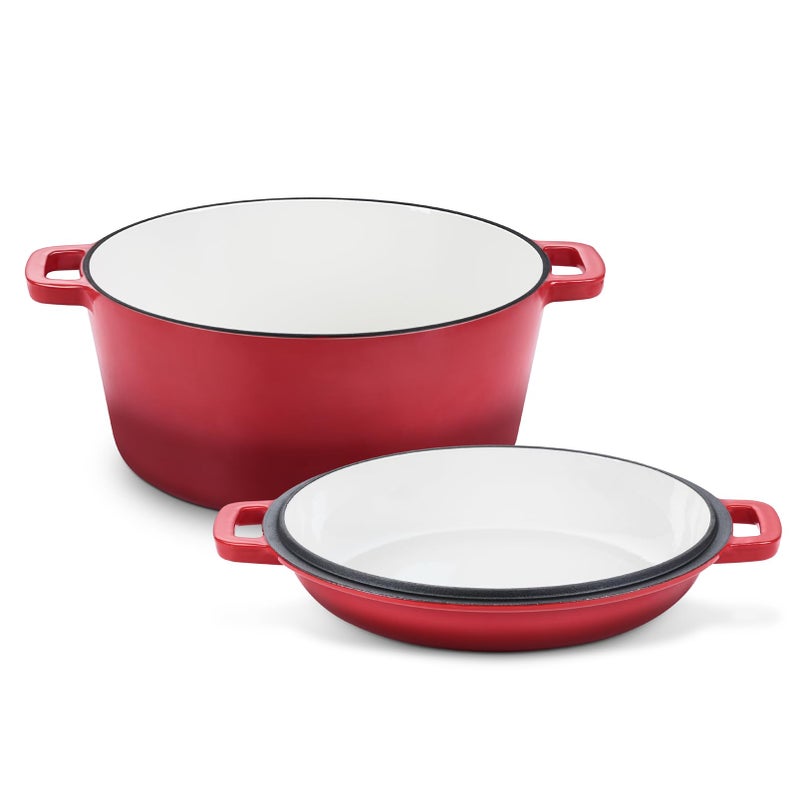 TeamFar TeamFar 2In1 Enameled Cast Iron Dutch Oven 5 Quart Dutch Oven Pot Cookware with Skillet Lid for Bread Baking Braising Stewing Roasting HeavyDuty  Nonstick Oven Safe  Fit for Induction Red