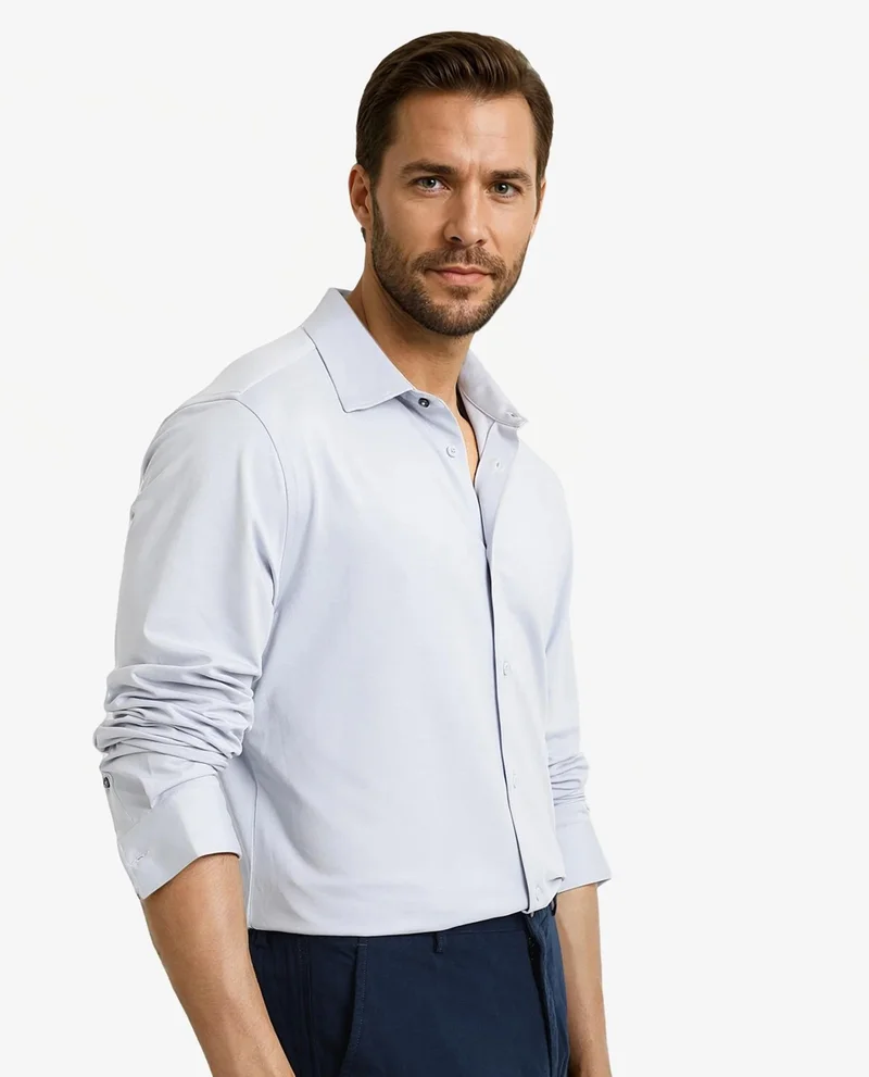 Rare Rabbit Rare Rabbit Men Tour Pastel Blue Cotton Polyester Elastane Fabric Full Sleeve Collared Collar Button Closure Plain Knitted Formal Shirt