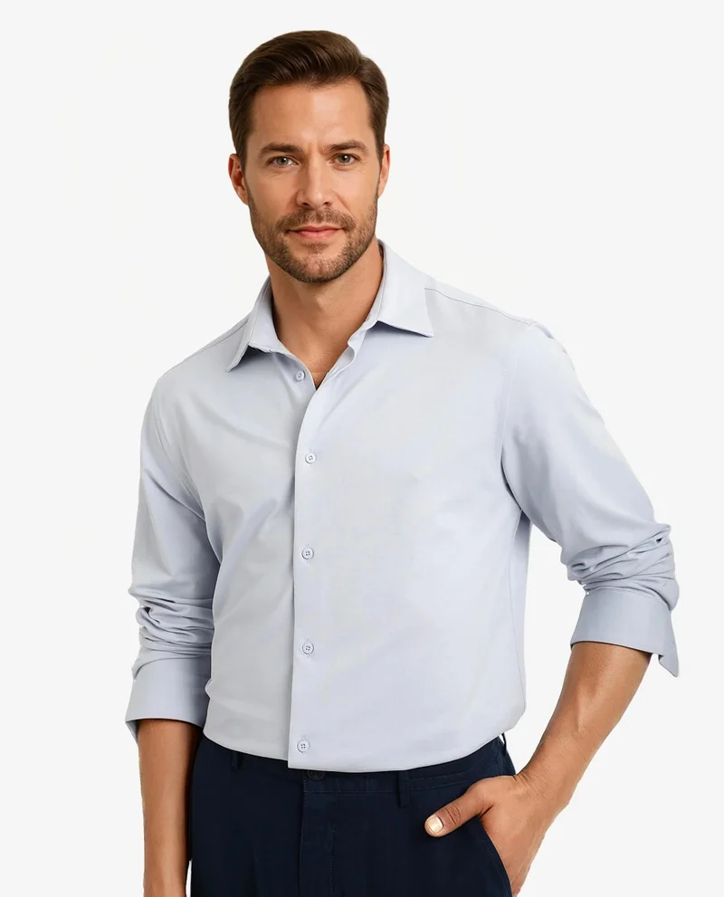 Rare Rabbit Rare Rabbit Men Tour Pastel Blue Cotton Polyester Elastane Fabric Full Sleeve Collared Collar Button Closure Plain Knitted Formal Shirt