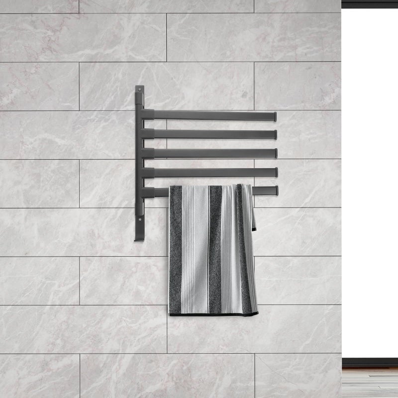 Gunmetal Gray Swivel Wall Mounted Towel Rack 5 Adjustable Foldable Rods Space Saving Bathroom Holder - Image 4