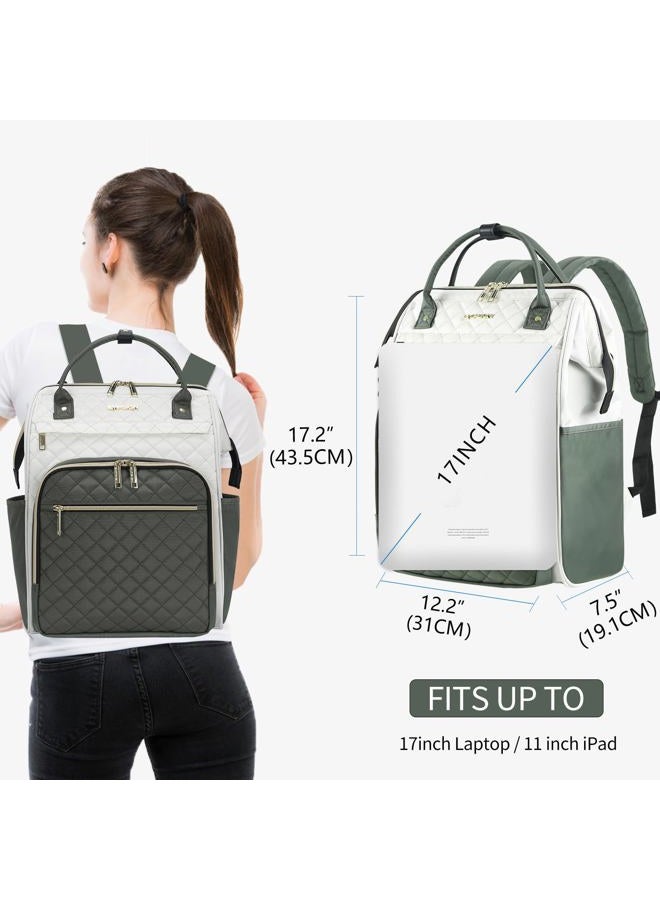 EMPSIGN 17 Inch Laptop Backpack for Women, Work Business Travel Computer College Bags, Large Capacity Water-repellent Quilted Casual Daypack with USB Port, Beige-army Green, Medium to Large - Image 2