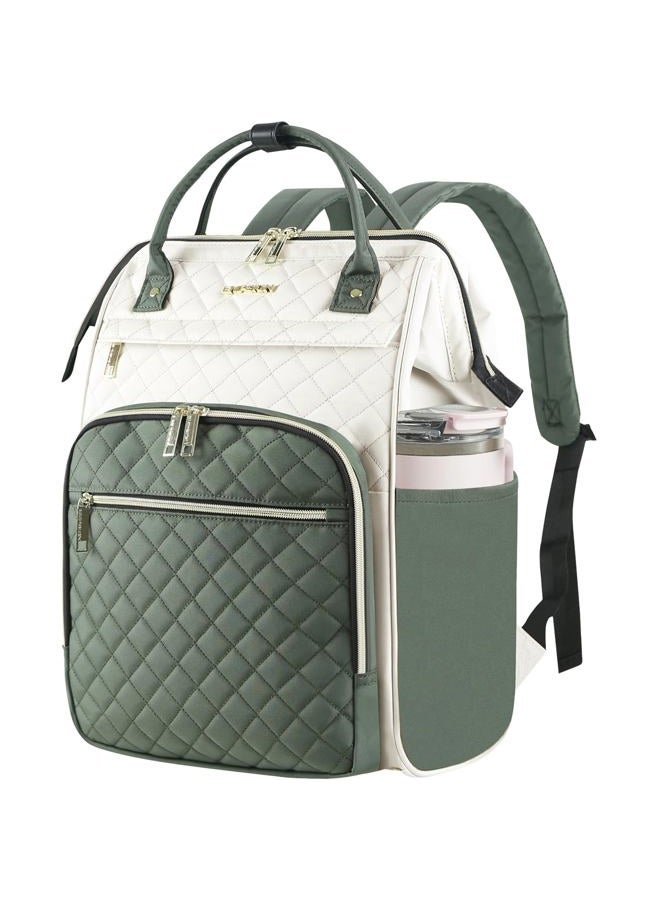 EMPSIGN 17 Inch Laptop Backpack for Women, Work Business Travel Computer College Bags, Large Capacity Water-repellent Quilted Casual Daypack with USB Port, Beige-army Green, Medium to Large - Image 1
