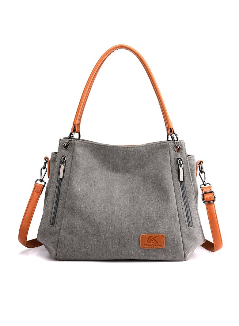 Large capacity shoulder bag casual canvas carrying bag long shoulder strap crossbody multiple pockets suitable for young women teenagers school shopping grey - Image 3